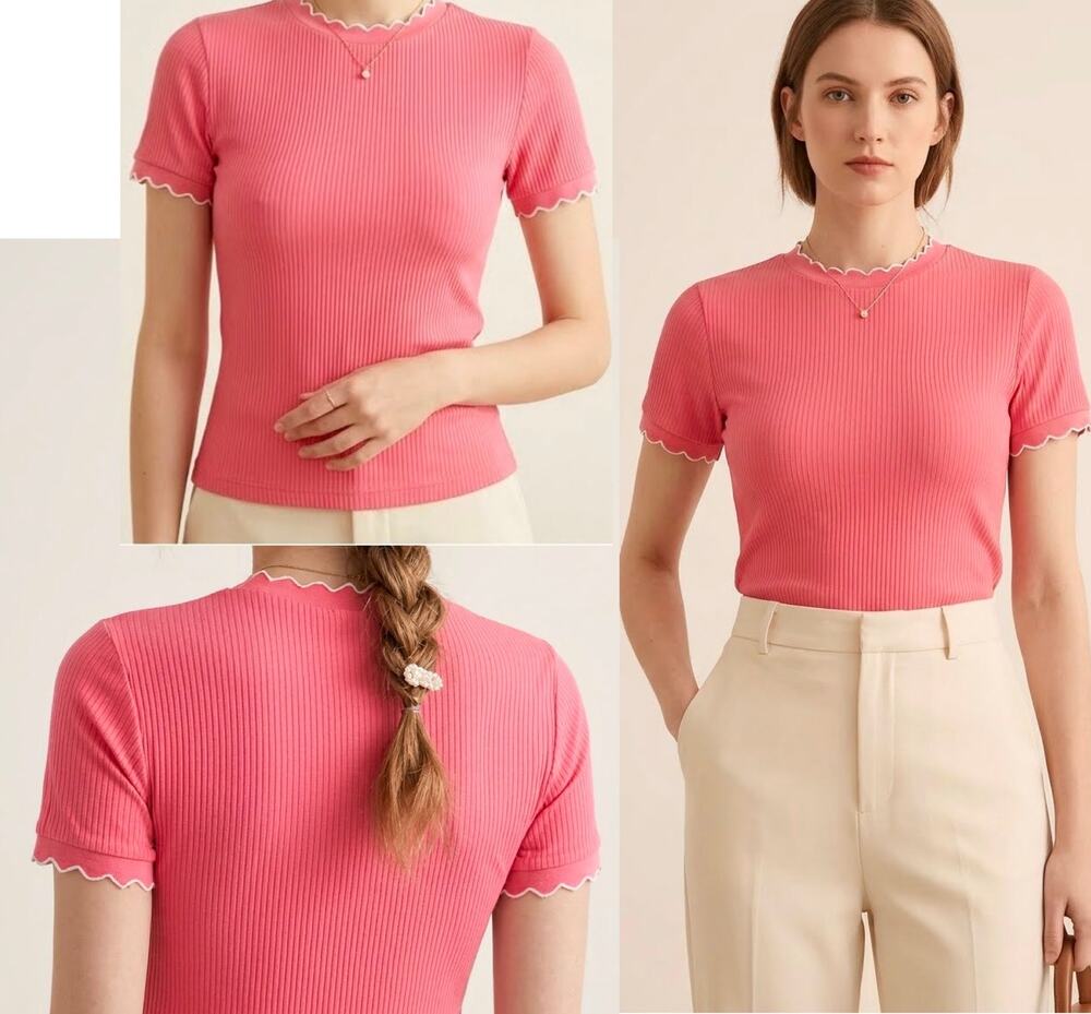 Mango Coal Coquette Pink Ribbed Baby Tee Scalloped Lettuce Contrast Trim Top XS